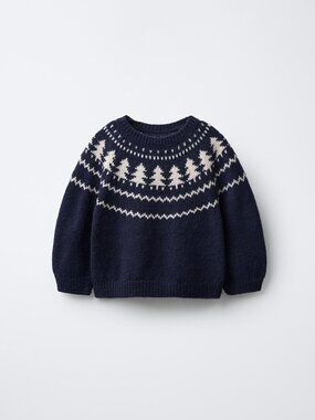 Zara JACQUARD TREE KNIT JUMPER Navy blue Size 3-6 Months